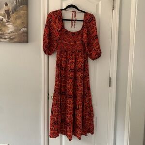 Du Paradis Red Floral Smocked Maxi Dress Puff Sleeve Boho Square Neck S